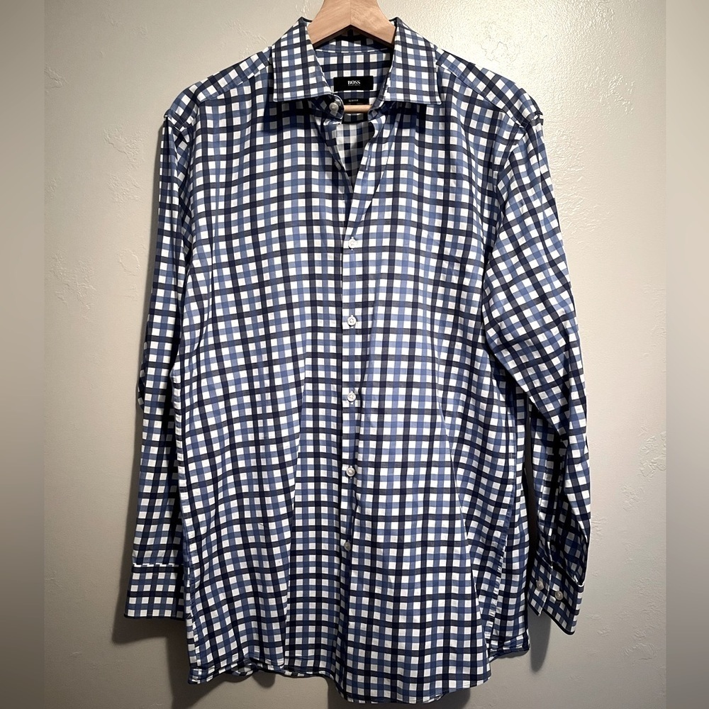 Hugo Boss Blue and White Check Plaid Preppy Button Down Collared Shirt Size 16.5